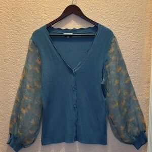 Sioni Teal Cardigan with Patterned Sheer Sleeves